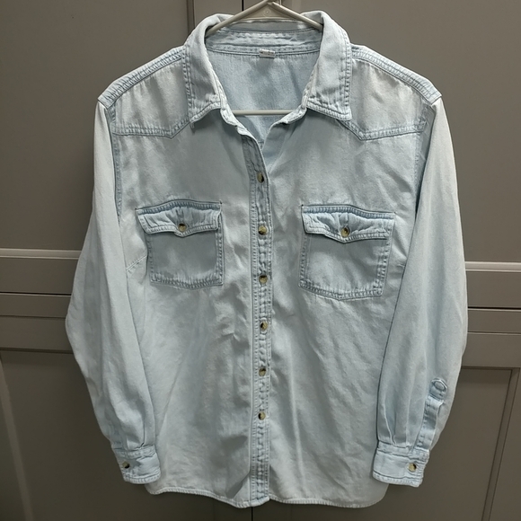 Distressed Jean Long Sleeve Shirt Women's Large Denim Worn w/Holes 100% Cotton - Picture 15 of 16